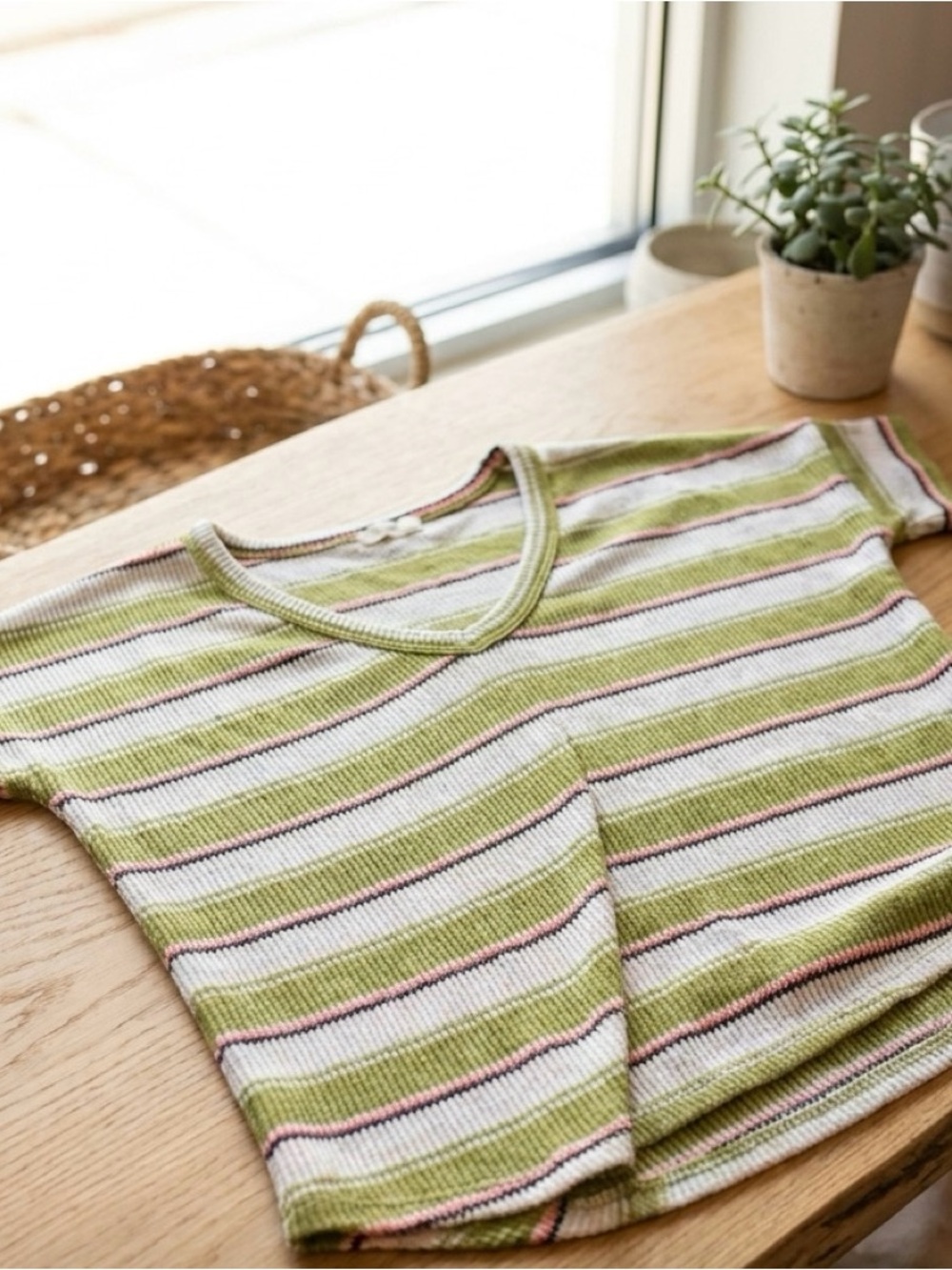 Cherish Olive & Cream Striped V-Neck Short Sleeve Top - Picture 2 of 3